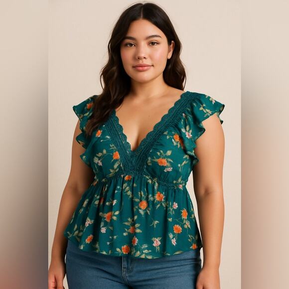 Daytrip Teal Floral Ruffle Blouse – Size Small - Picture 1 of 5
